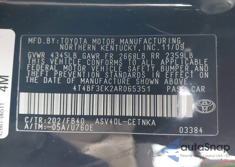 2010 Toyota Camry Le z USA, uszkodzony, nr VIN 4T4BF3EK2AR065351